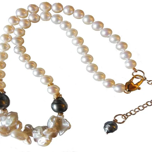 Chinese Freshwater Round Pearls with Crazy Keshi & Tahitian Baroque Pearl- Necklace