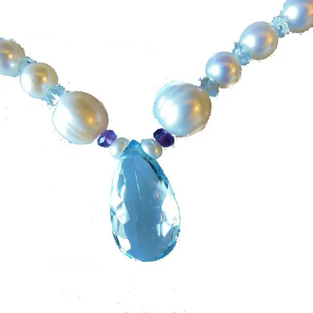 Sky Blue Topaz Briolette on Chinese Freshwater Pearl Necklace