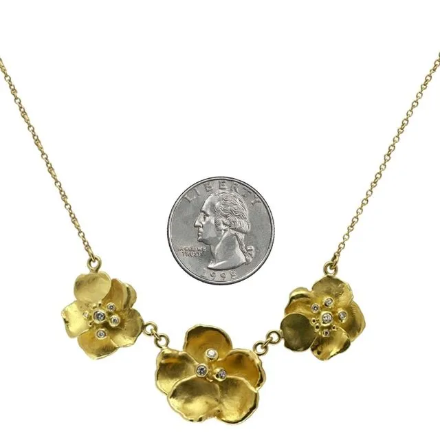 Metal Petals- Three Pansy Necklace-18K Gold with Diamond Center