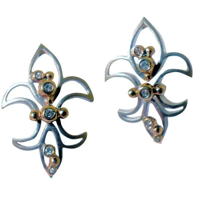 Fleur De Lis Earrings-Sterling Silver with Diamonds. 18K gold plate options