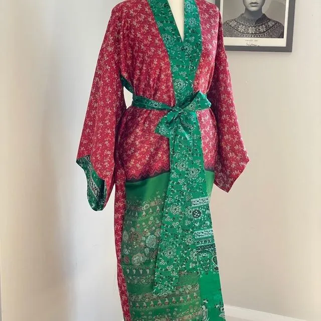 Upcycled Silk Sari Kimono Robe - Red/Green