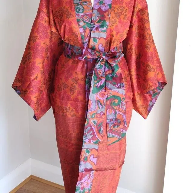 Upcycled Luxury Silk Sari Kimono Robe - Orange/Multi