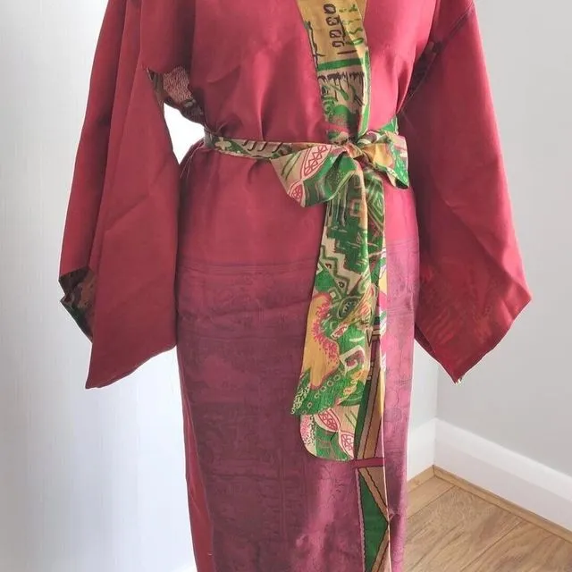 Silk Sari Kimono Dressing Gown - Red/Multi