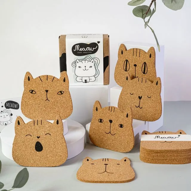 Meaow Cute cats – Cork coasters, round, set of 6 pieces, eco-friendly coaster set with cute cats, gift idea for cat lovers