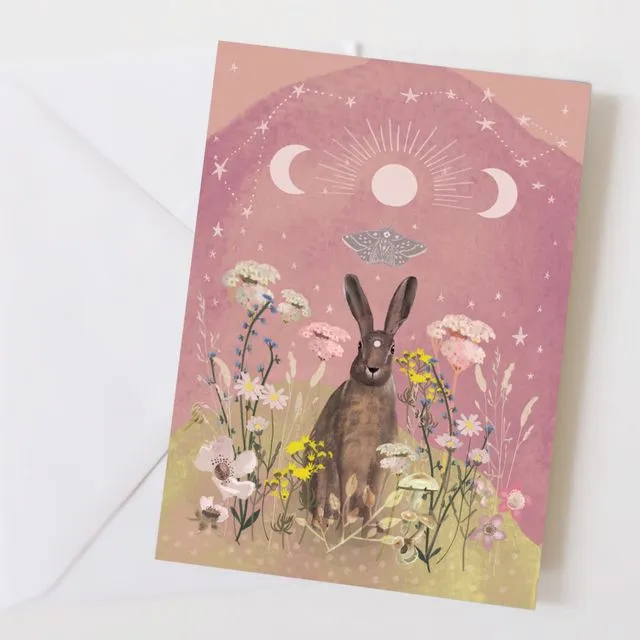 Moon phase hare and wildflowers