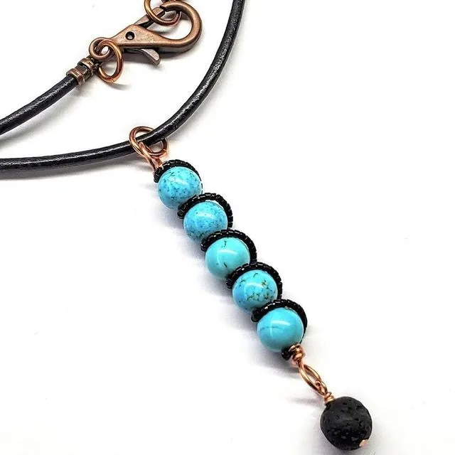 Copper Spiral Turquoise Wand Pendant With Essential Oil Lava Rock Bead Charm - Black Leather Necklace 27 inches