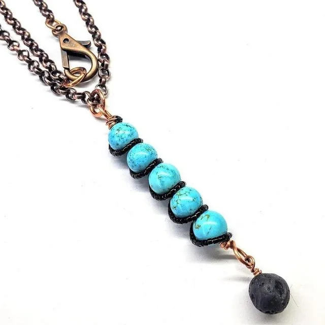 Copper Spiral Turquoise Wand Pendant With Essential Oil Lava Rock Bead Charm - Copper Rollo Chain 24 inches