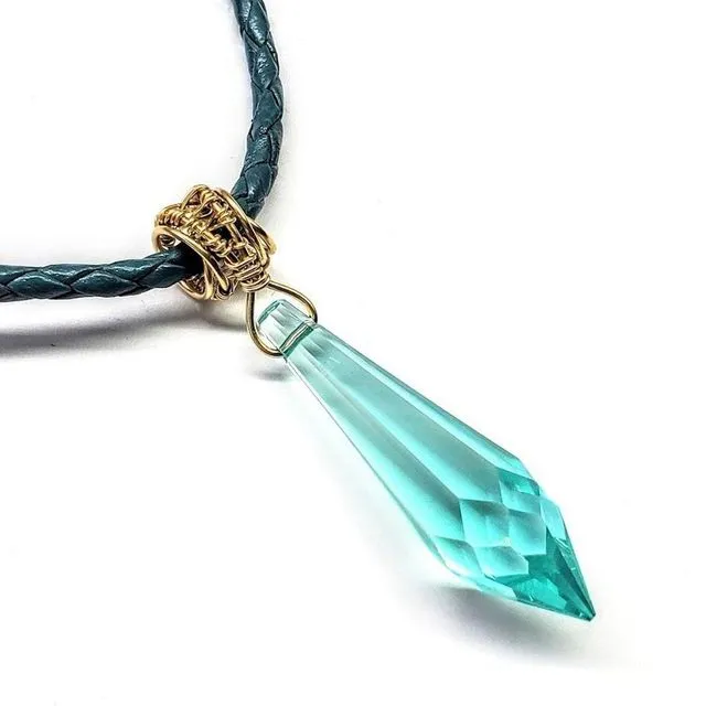 Gold Wrapped Aqua Crystal Teardrop Leather Choker Necklace