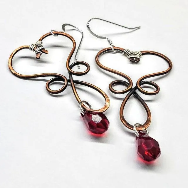 Copper Heart Crystal Drop Earrings - RED