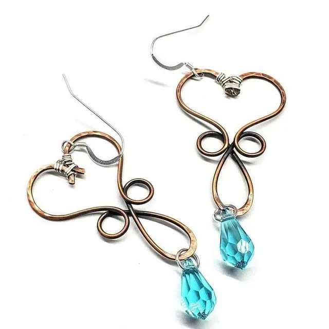 Copper Heart Crystal Drop Earrings - AQUA