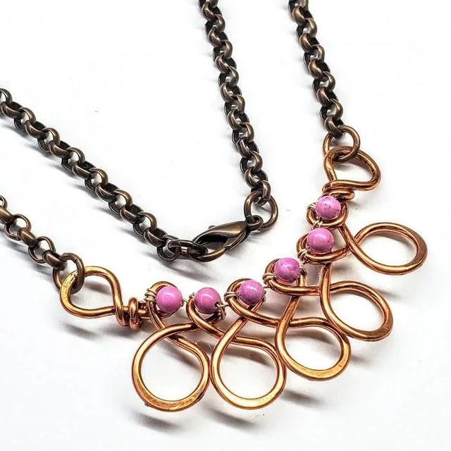 Copper Wire Wrapped Sculpted Pink Gemstone Necklace