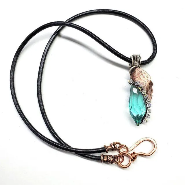 Sculpted Wire Wrap Copper Angel Wing Crystal Teardrop Necklace