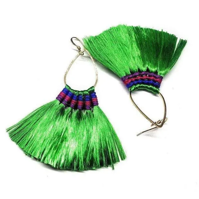 Hawaii Hula Skirt Fan Tassel Hoop Earrings - Bright Green