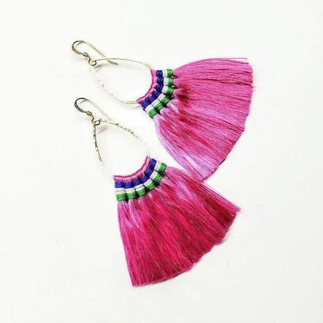 Hawaii Hula Skirt Fan Tassel Hoop Earrings - Bright Pink