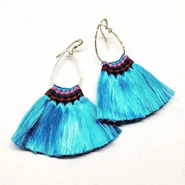 Hawaii Hula Skirt Fan Tassel Hoop Earrings - Bright Aquamarine