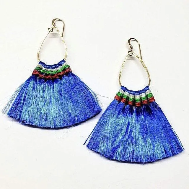 Hawaii Hula Skirt Fan Tassel Hoop Earrings - Bright Blue