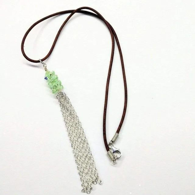 Green Crystal Barrel Silver Chain Tassel Leather Necklace