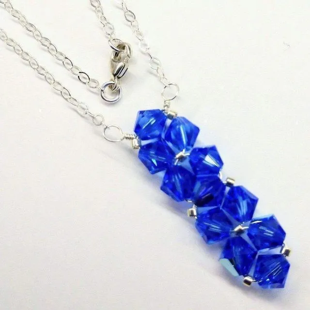 Silver Vertical Beaded Crystal Bar Necklace 18 inches - Blue