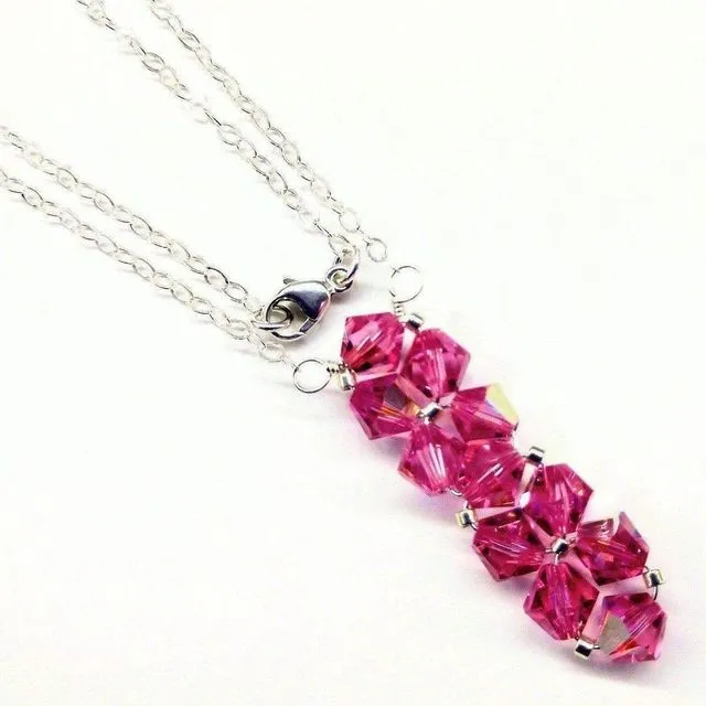 Silver Vertical Beaded Crystal Bar Necklace 18 inches - Pink