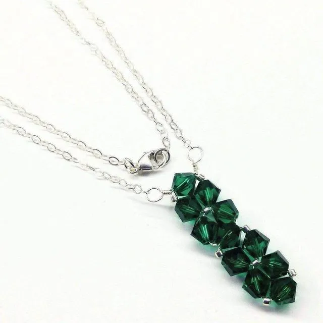 Silver Vertical Beaded Crystal Bar Necklace 18 inches - Dark Green