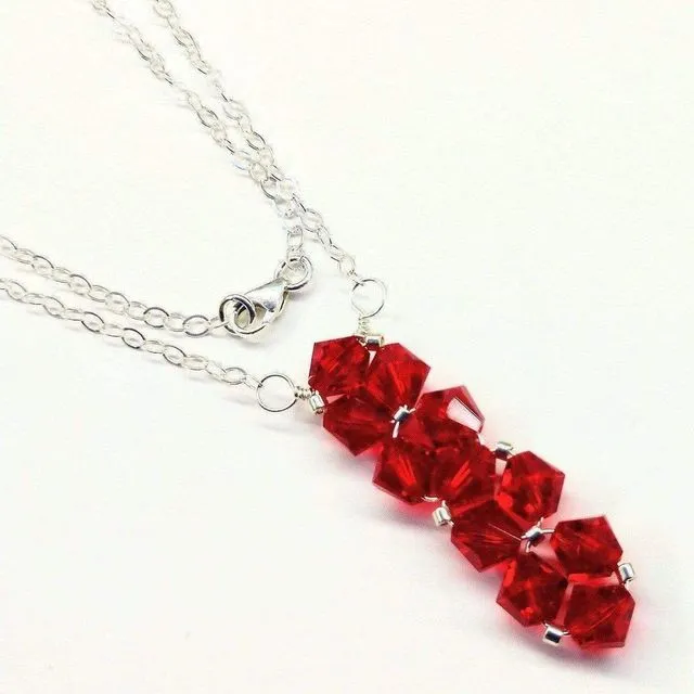 Silver Vertical Beaded Crystal Bar Necklace 18 inches - Red