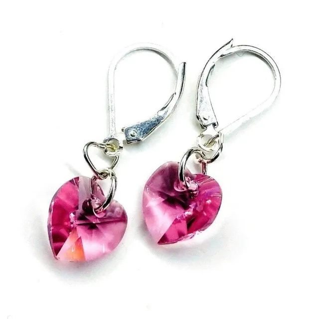 Sterling Silver Pink Crystal Heart Earrings