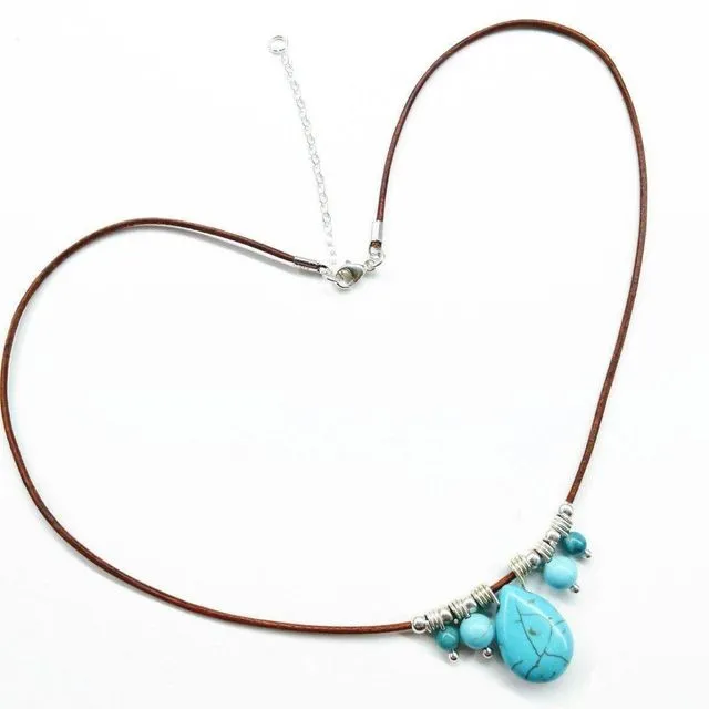 Silver Turquoise Drop Bead Charm Leather Necklace 16-18 inches