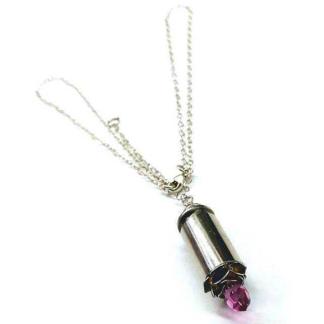 Vintage Style Pink Crystal Drop Silver Bullet Necklace - Rose
