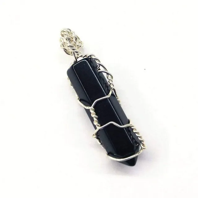 Sterling Silver Messy Wire Wrap Gemstone Pointed Crystal Pendant - Black-Jade
