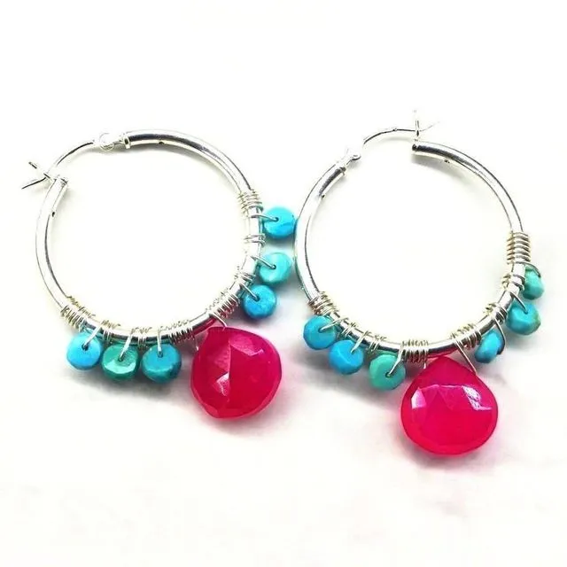 Pink and Turquoise Silver Wire Wrap Hoop Earrings
