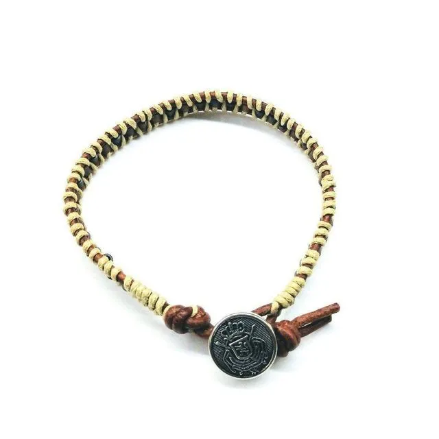 Two Tone Leather Wrap Seed Bead Button Bracelet