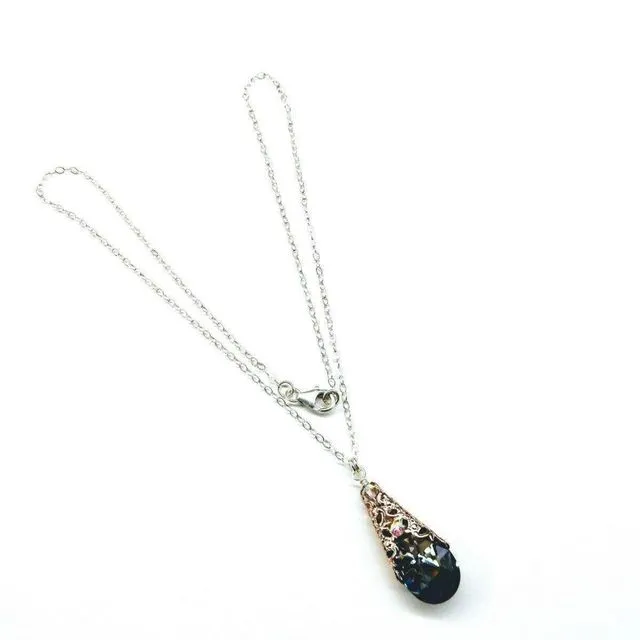 Rose Gold Filigree Wrap Crystal Black Diamond Pendant Necklace