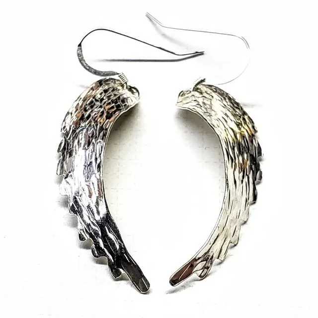 Sterling Silver Hammer Pattern Sculpted Angel Wing Earrings