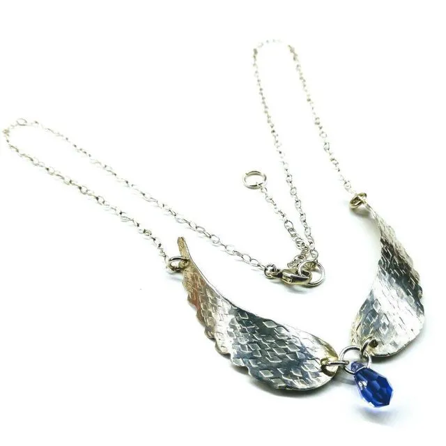 Silver Sculpted Angel Wings Crystal Drop Necklace Purple Crystal Drop Purple Crystal Drop