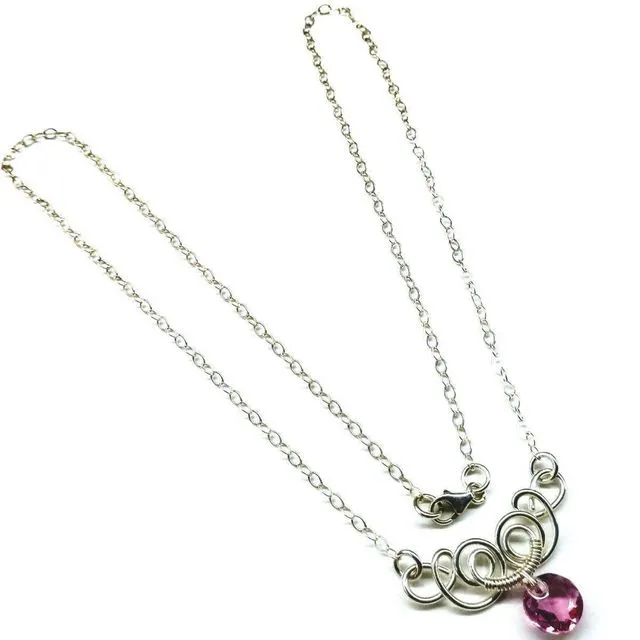 Silver Wire Sculpted Round Crystal Pendant Necklace Rose