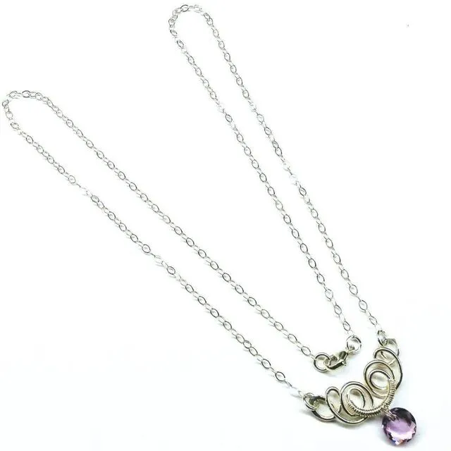 Silver Wire Sculpted Round Crystal Pendant Necklace Light Purple