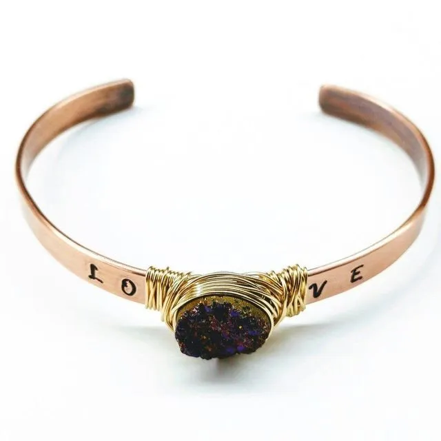 LOVE Stamped Gold Wire Wrapped Purple Druzy Copper Cuff