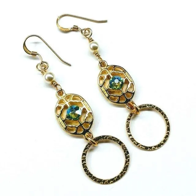 14 KT Gold Filled Green Crystal Open Circle Earrings
