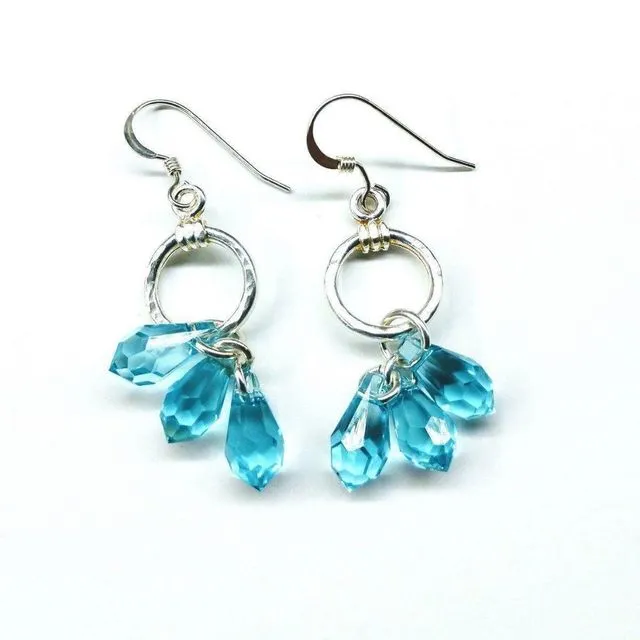 Sterling Silver Hammered Aqua Crystal Cascading Drop Earrings
