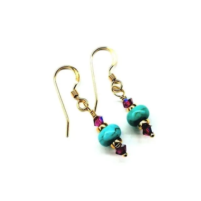 Hot Pink and Turquoise 14 K Gold Filled Earrings