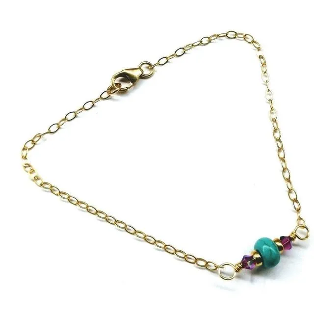 14K Gold Filled Pink and Turquoise Gemstone Dainty Bracelet