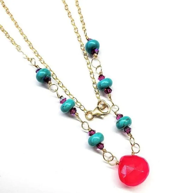 Gold Filled Pink Chalcedony Turquoise Gemstone Drop Necklace