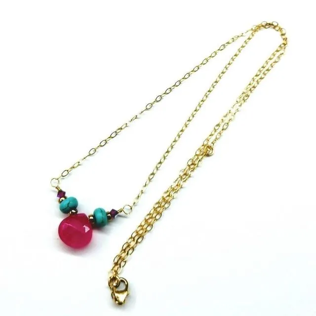 Gold Filled Turquoise and Pink Gemstone Drop Necklace
