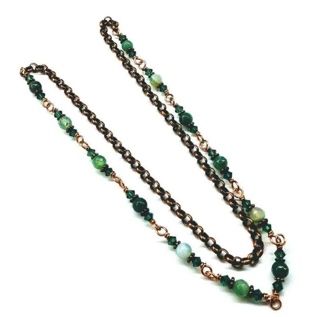 24 Inches Emerald Agate Striped Gemstone Wire Wrapped Necklace