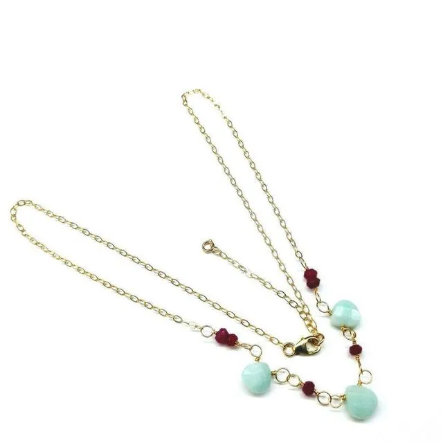 Dainty Gold Chain Mint and Hot Pink Gemstone Necklace