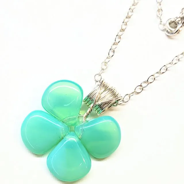 Mint Green Beaded Sterling Silver Clover Necklace