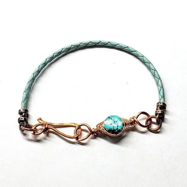 Wire Wrapped Copper Turquoise Leather Bracelet (Mint)