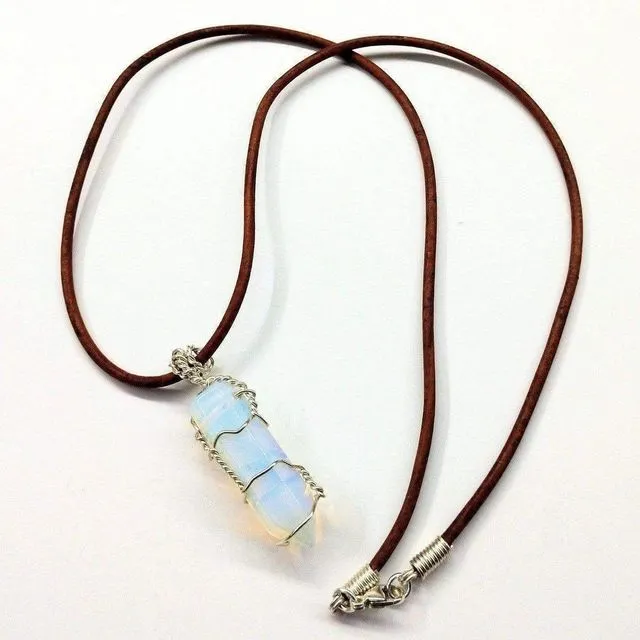 Silver Wire Wrapped Encased Gemstone Crystal Point Pendant (Blue Opalite)