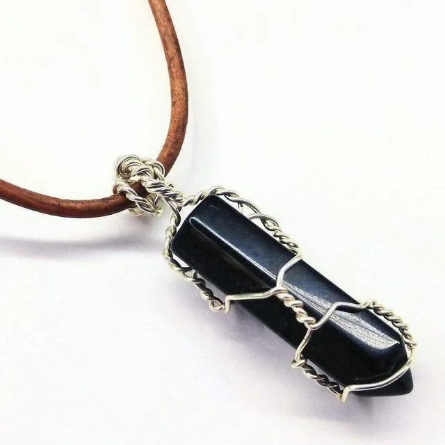 Silver Wire Wrapped Encased Gemstone Crystal Point Pendant (Black Jade)