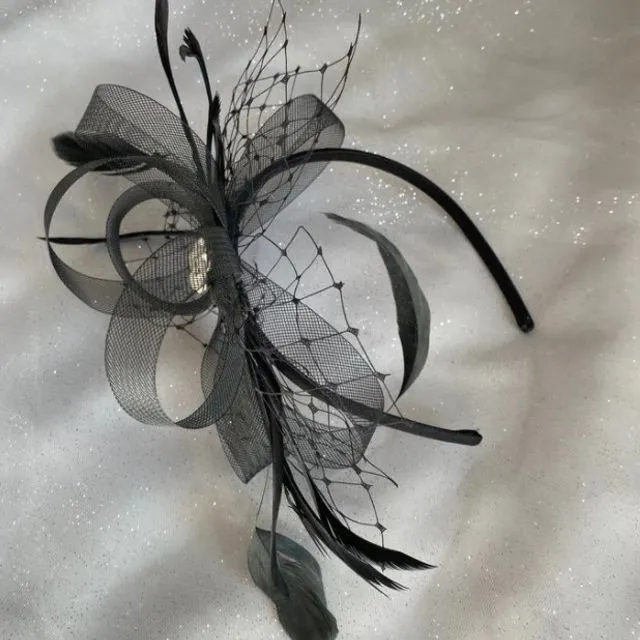 Black Fascinator with Net and Feathers